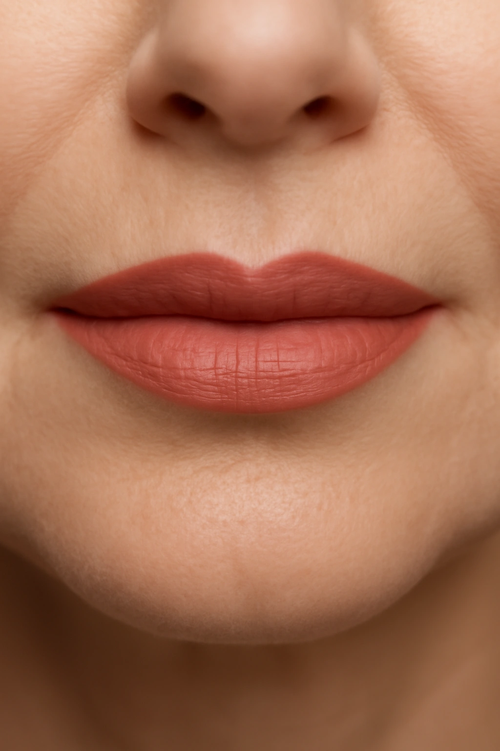 Close-up of a mature woman wearing dusty coral lipstick with a satin finish for a mother of the bride look.