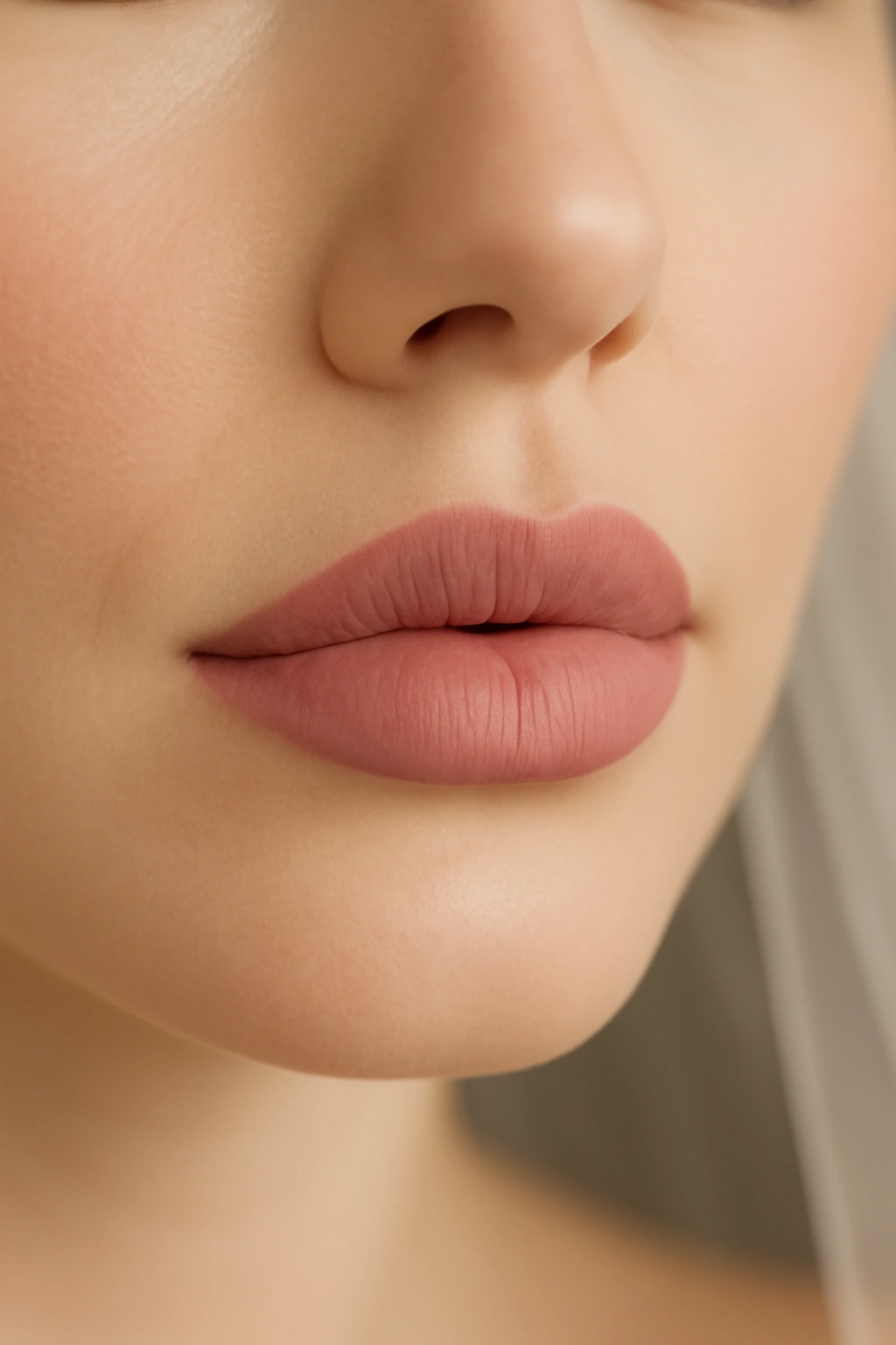 Close-up of a bride wearing dusty rose matte lipstick for an elegant wedding look.