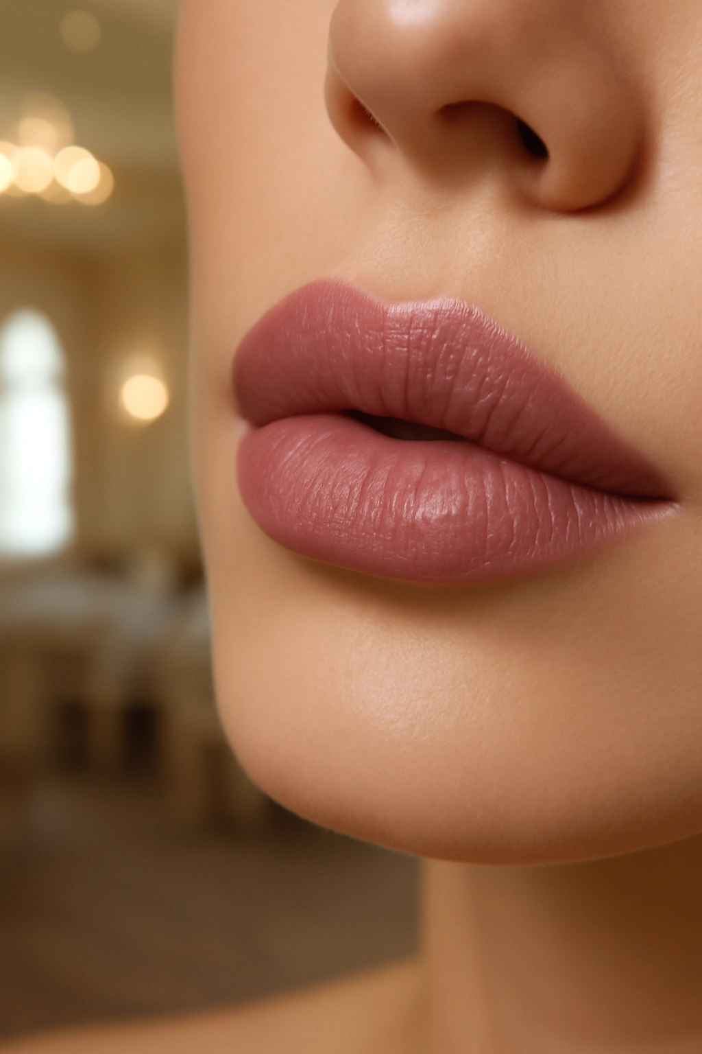 Soft dusty rose lipstick with a satin finish for a romantic and vintage-inspired makeup look