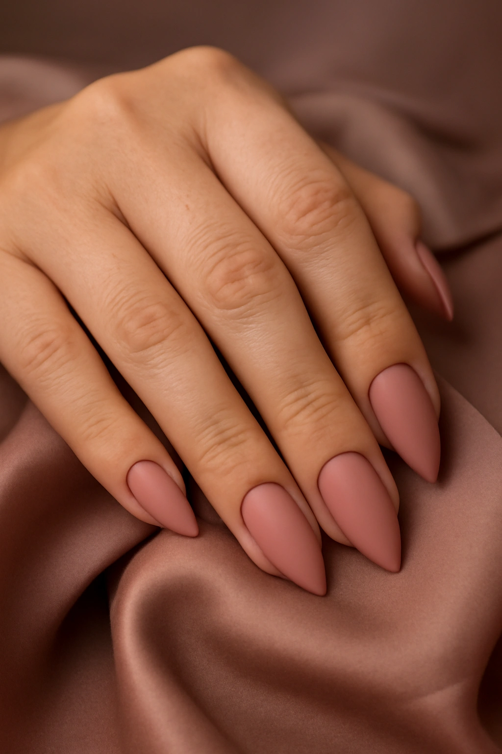 Dusty rose pink manicure on mature hands resting on a silk scarf.