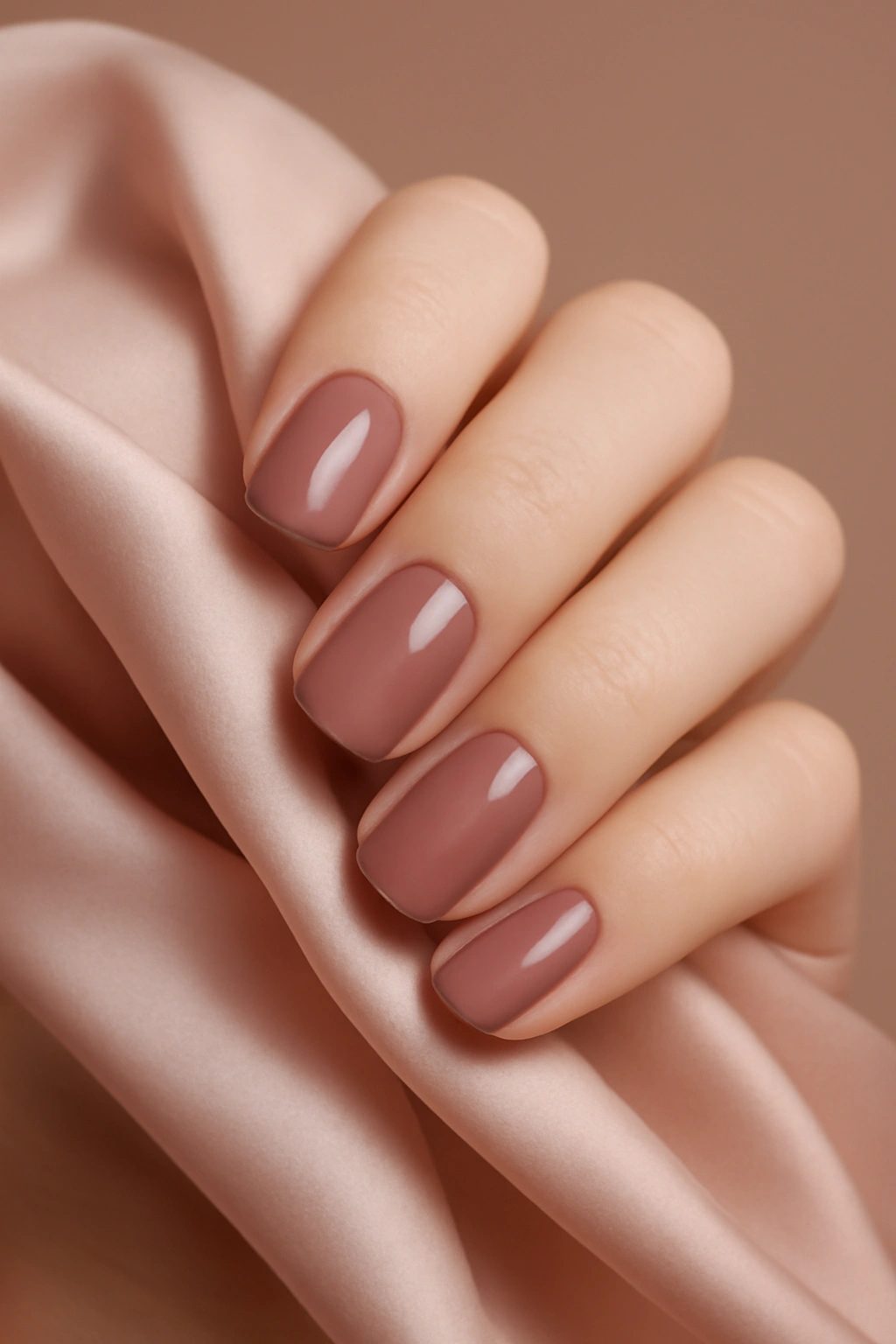 Sophisticated dusty rose nail polish on a fair skin hand