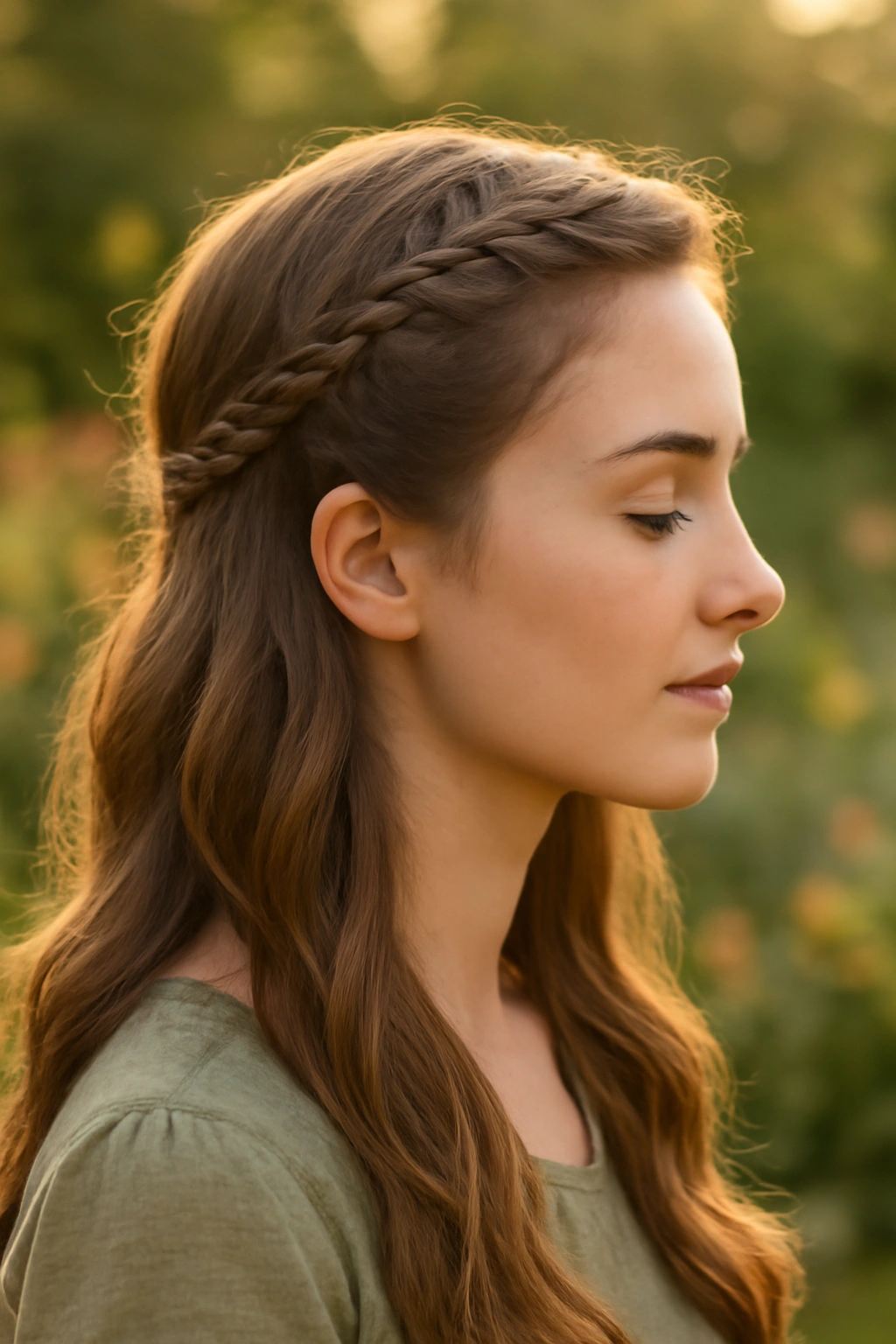 A small Dutch braid accent on the side of a woman's long wavy hair.