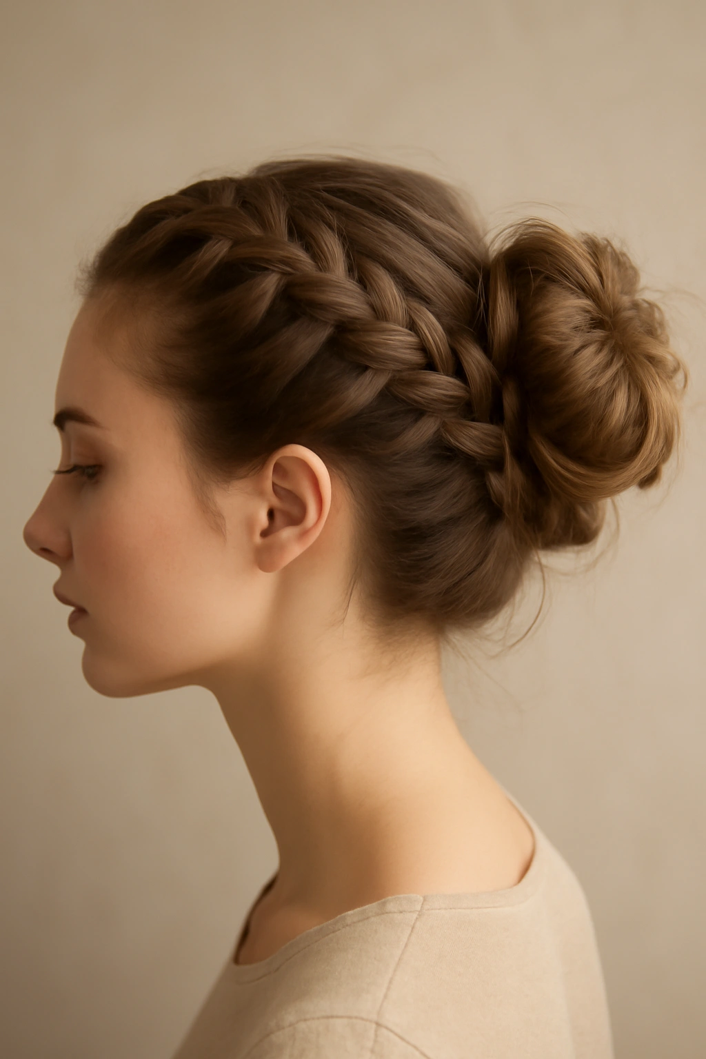 Side view of a Dutch braid transitioning into a high textured bun.