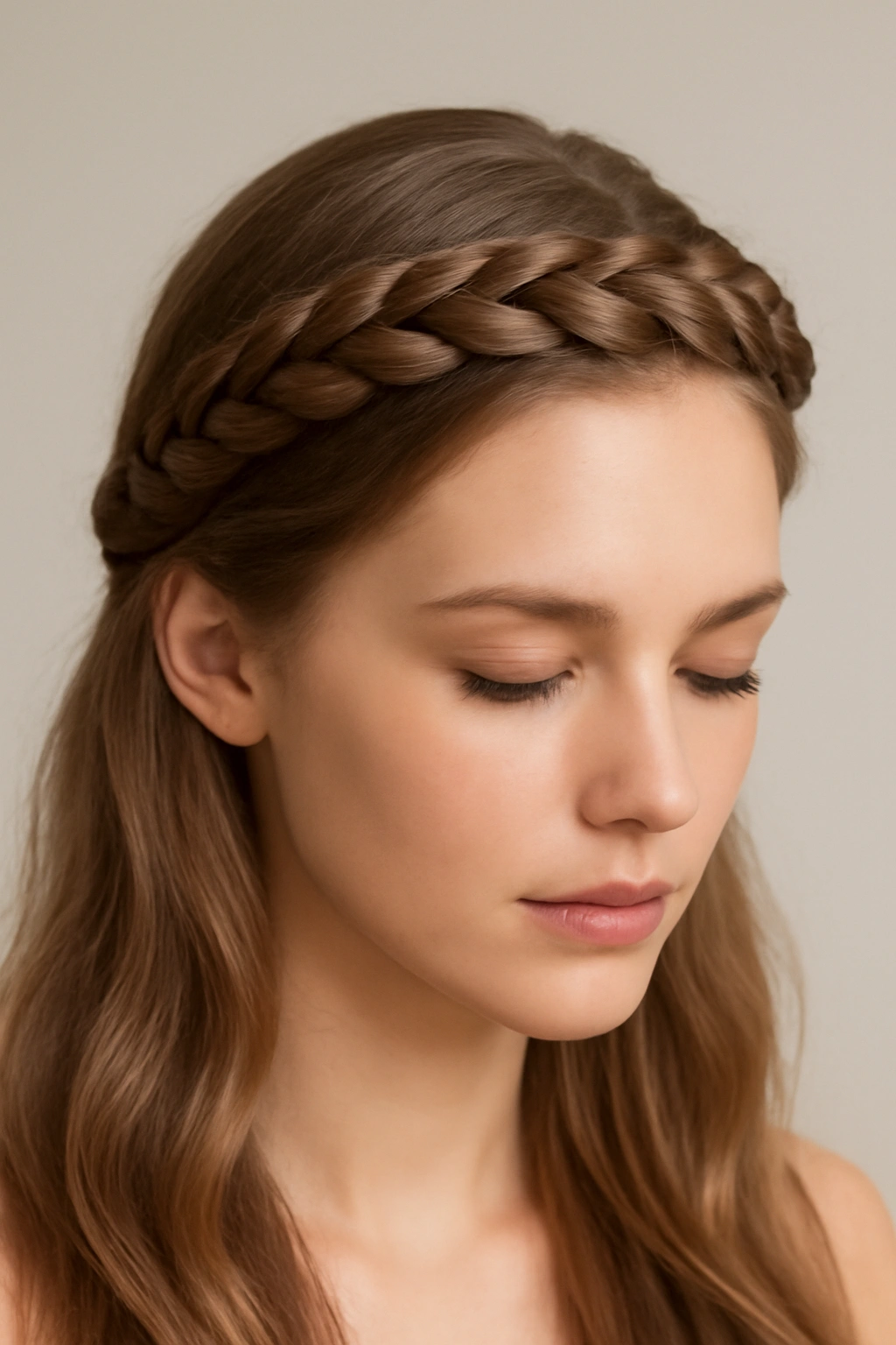 A woman wearing a Dutch braid headband style with her hair pulled back from her face.