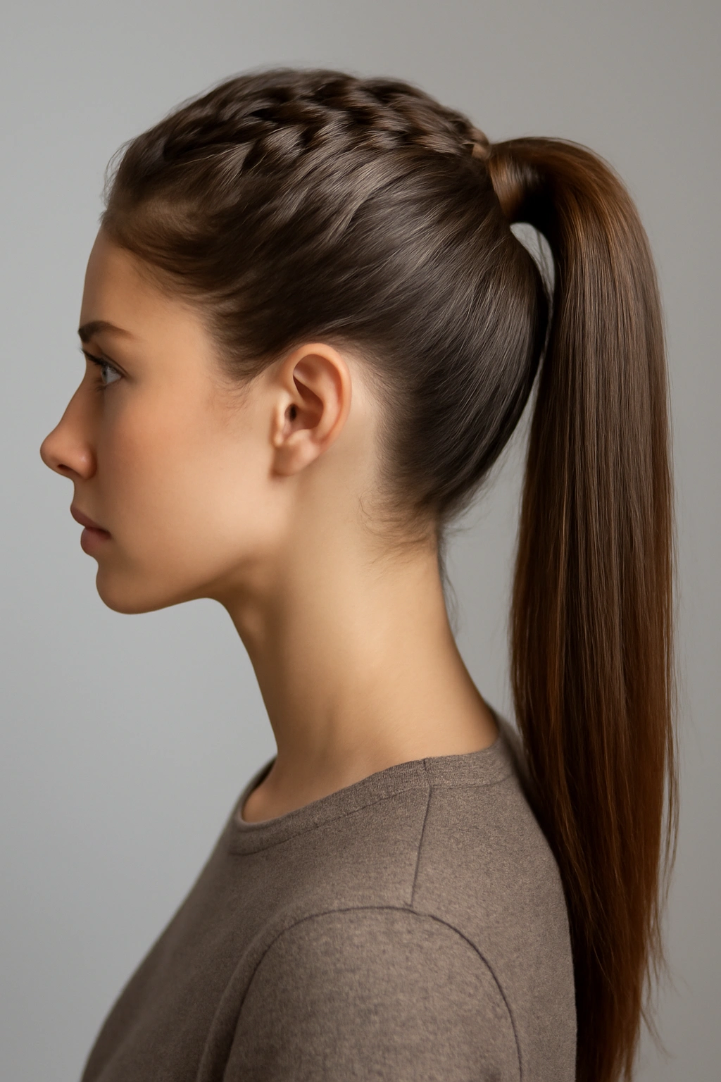 A woman's side profile showing a Dutch braid leading into a high, sleek ponytail