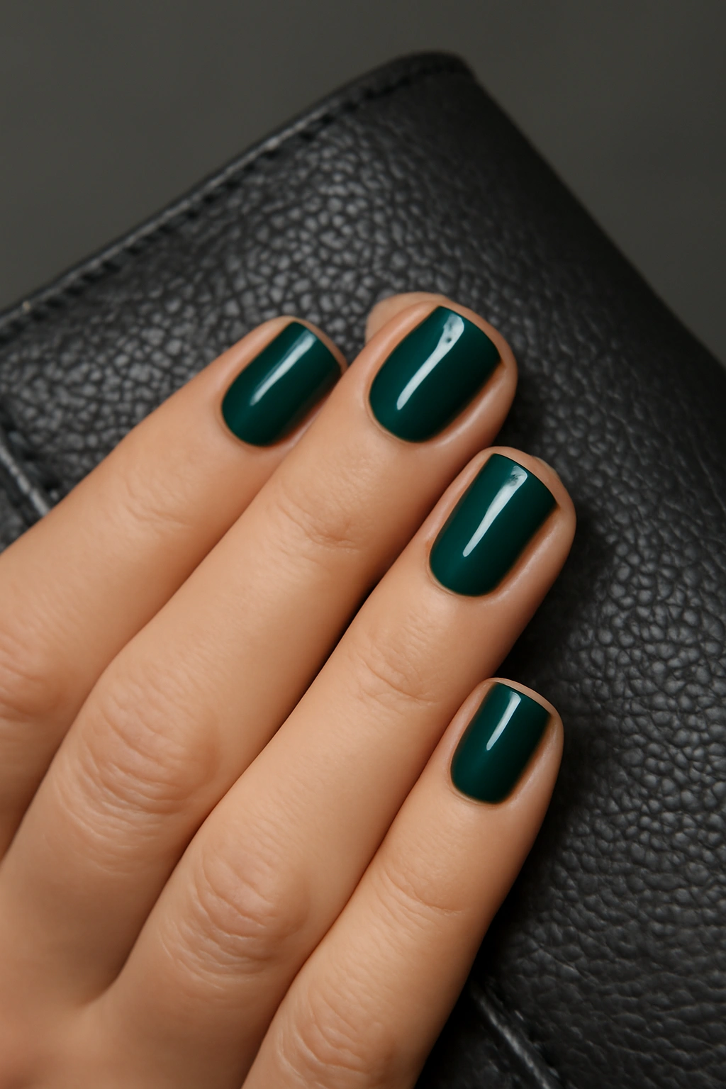 Deep emerald green nail polish on short square nails.