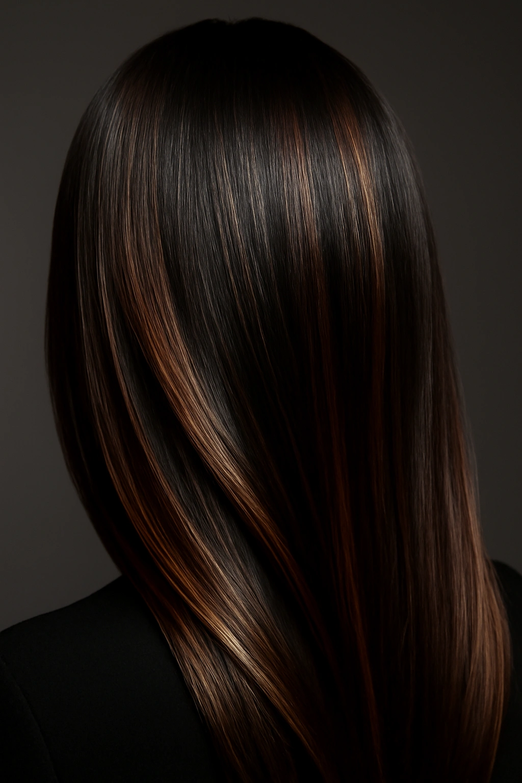Sleek espresso-black hair featuring subtle dark brown and caramel balayage highlights for depth.