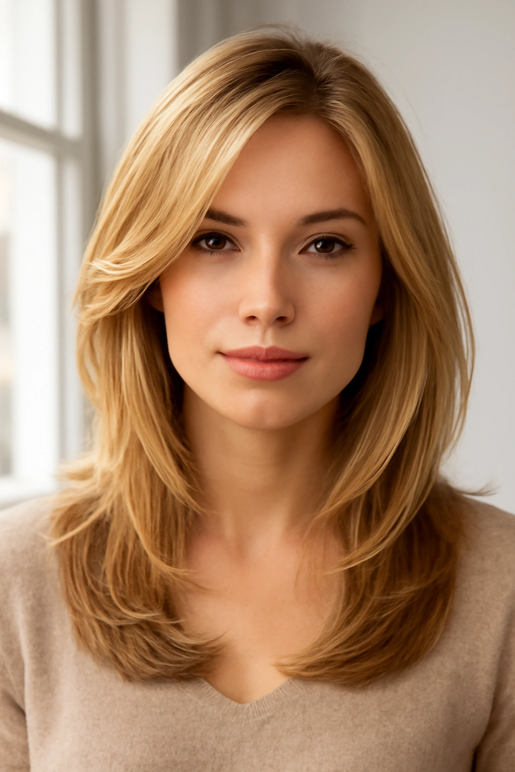 Honey blonde hairstyle with soft layers that frame the face and highlight features.