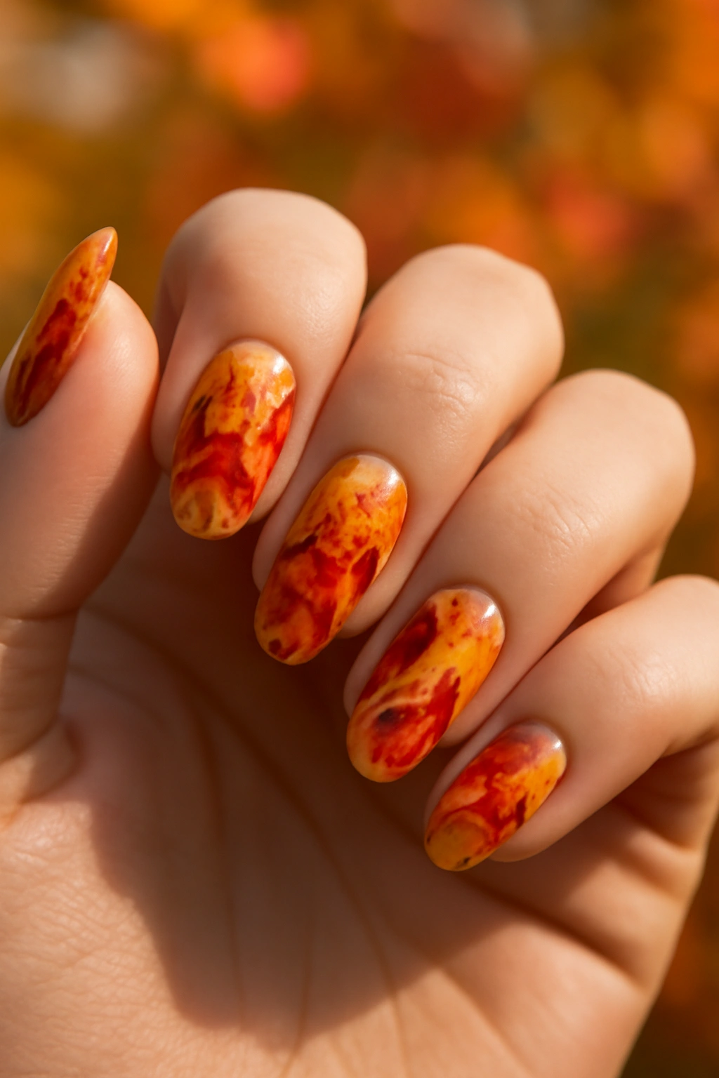 Vibrant autumn leaf nail art in shades of red and gold on manicured fingernails