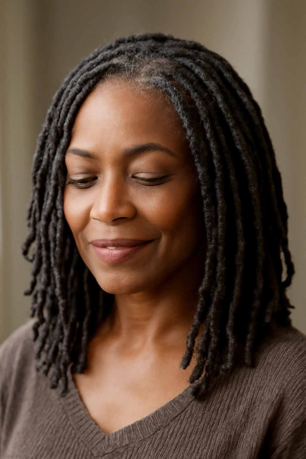 Shoulder-length medium faux locs in a natural dark brown color on a Black woman over 50.