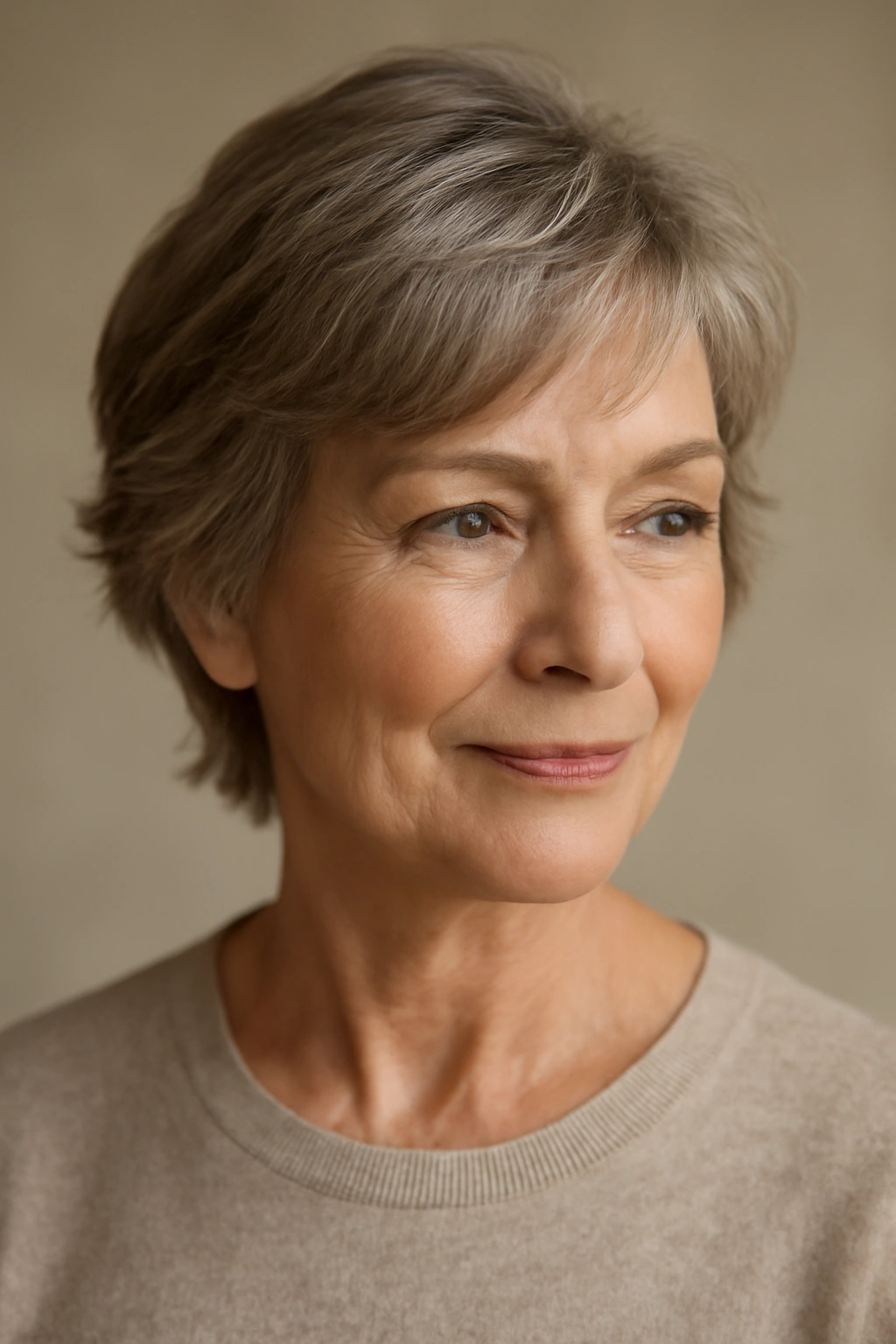 Portrait of a woman over 60 with a short feathered cut showing soft feathered ends