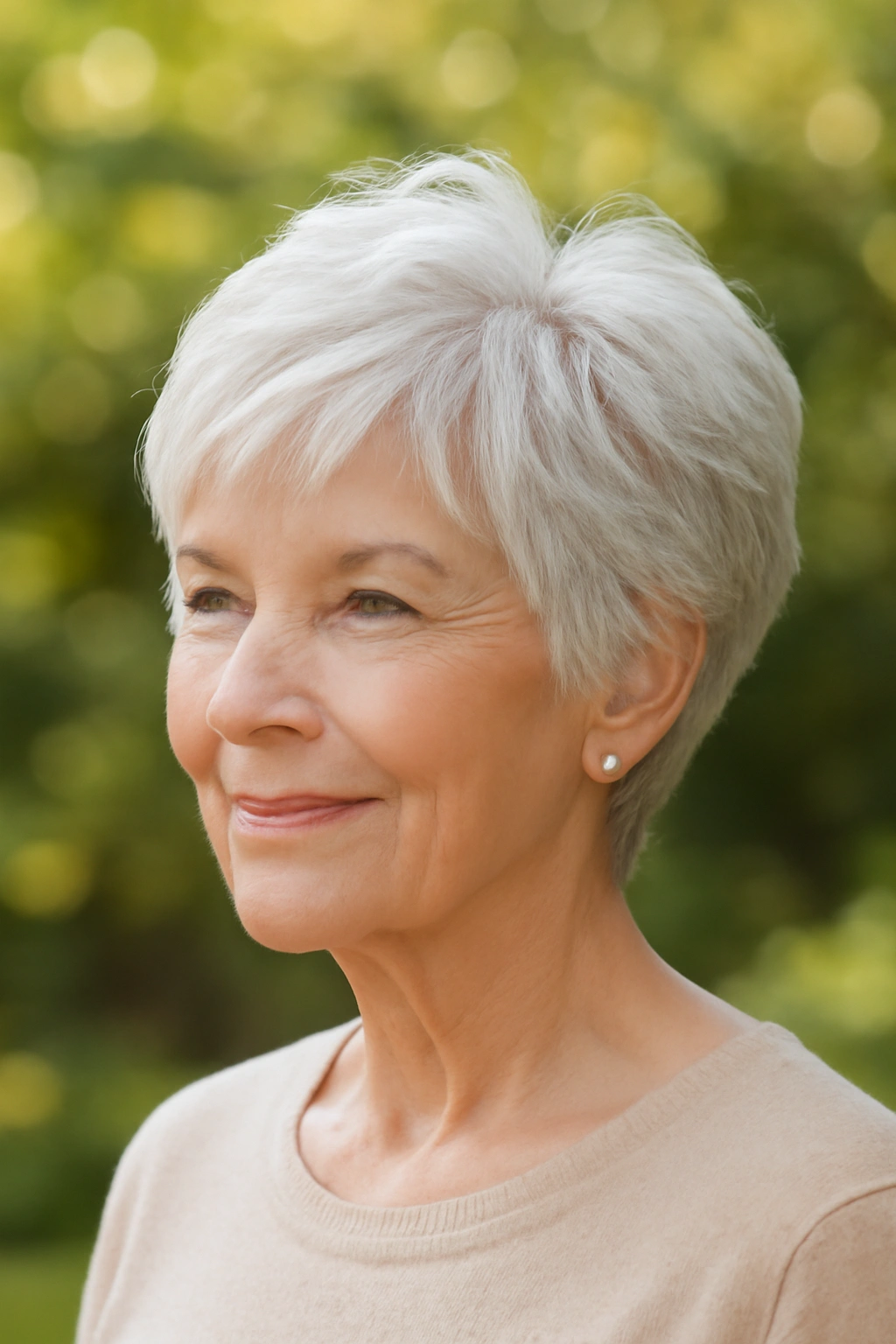 Short feathered pixie cut with soft wispy layers on an elegant older woman.