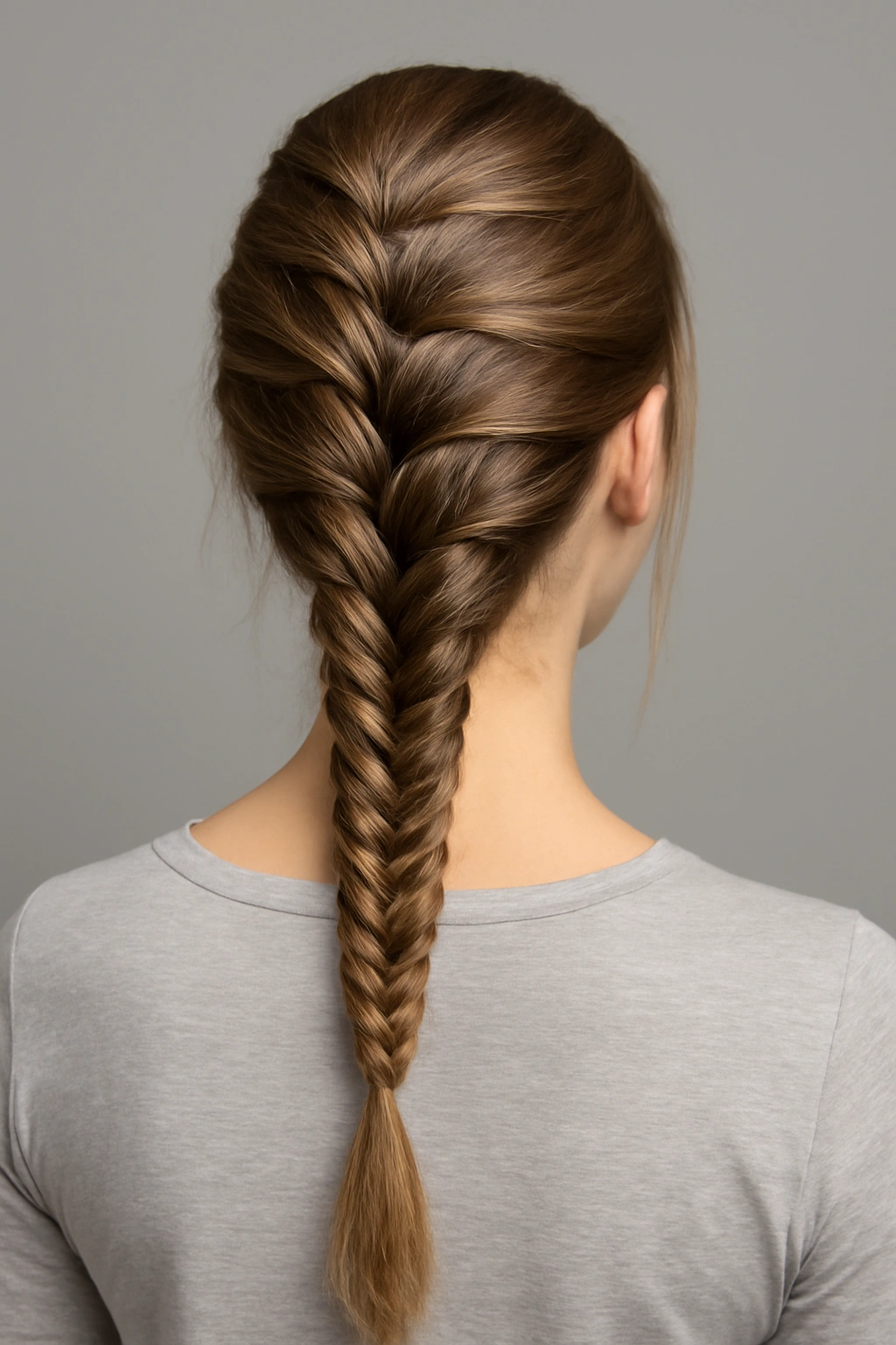 A combination braid featuring a Dutch style at the top and a fishtail style at the bottom