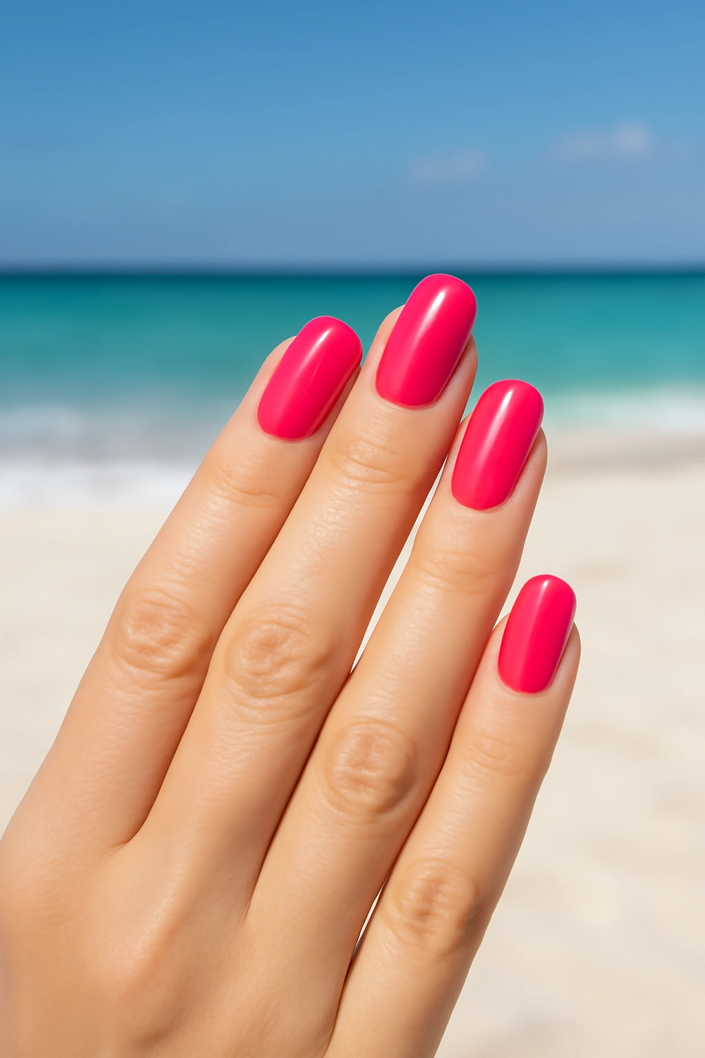 Vibrant and solid flamingo pink high-gloss manicure on a beach background
