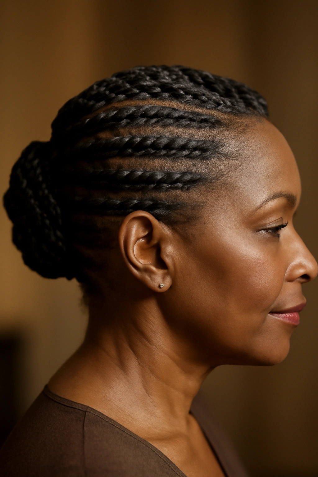 Sleek flat twists hairstyle on a Black woman over 50 with healthy hair and a tidy appearance.