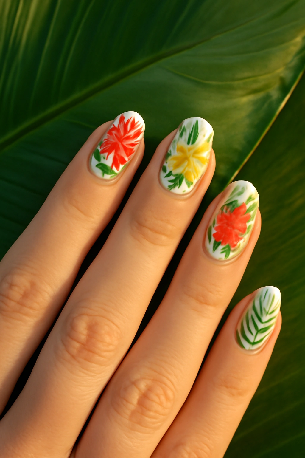 Tropical nail art with colorful hibiscus flowers and green palm leaves on a white base.