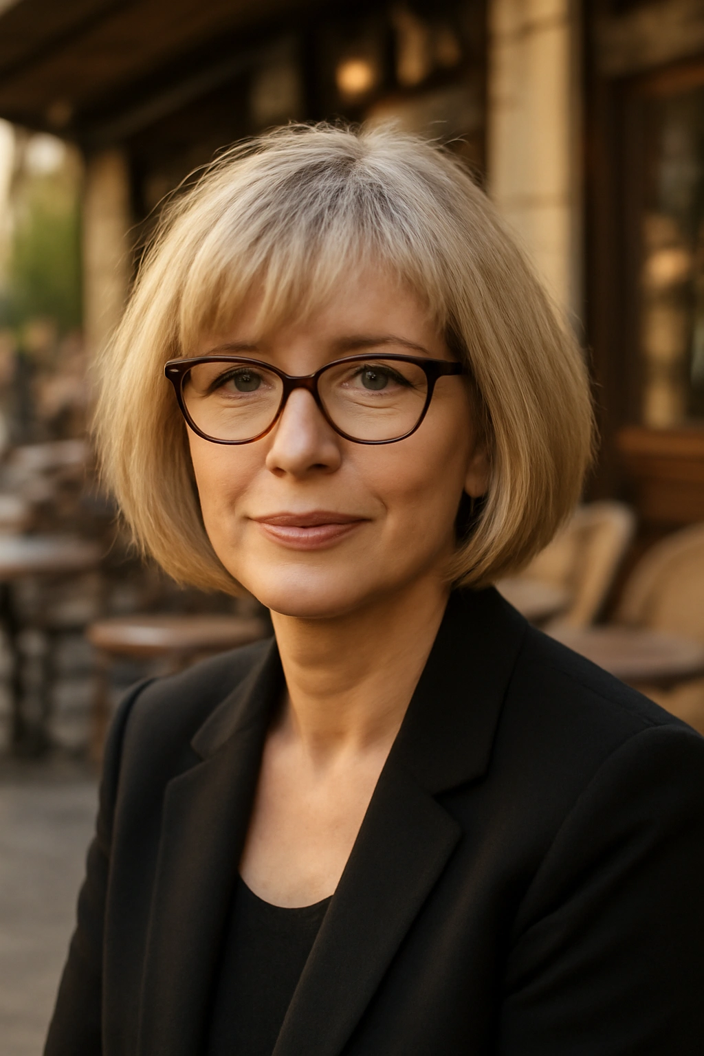 Woman over 50 with a short French bob and chic glasses
