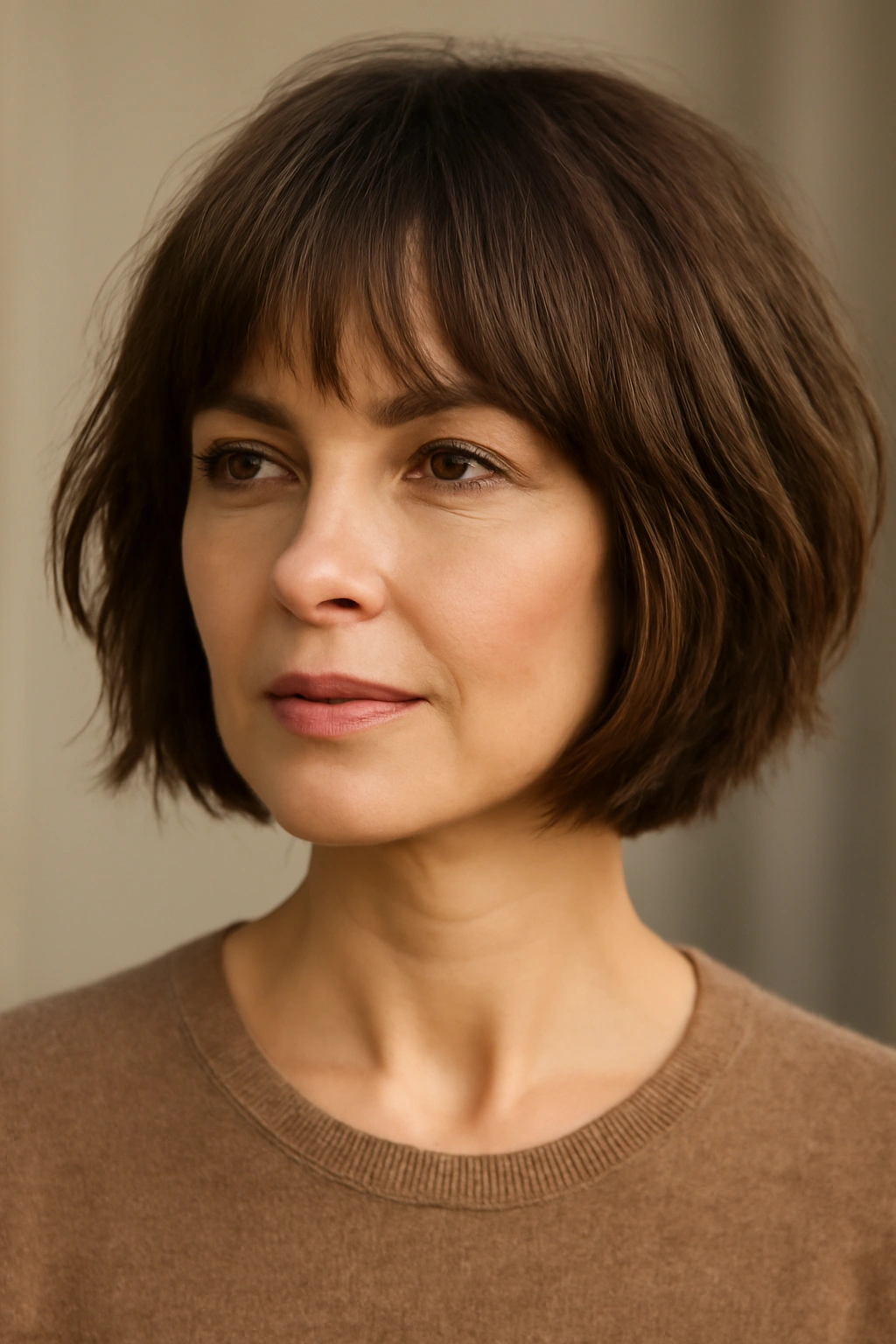 French bob with soft textured bangs on a woman's face
