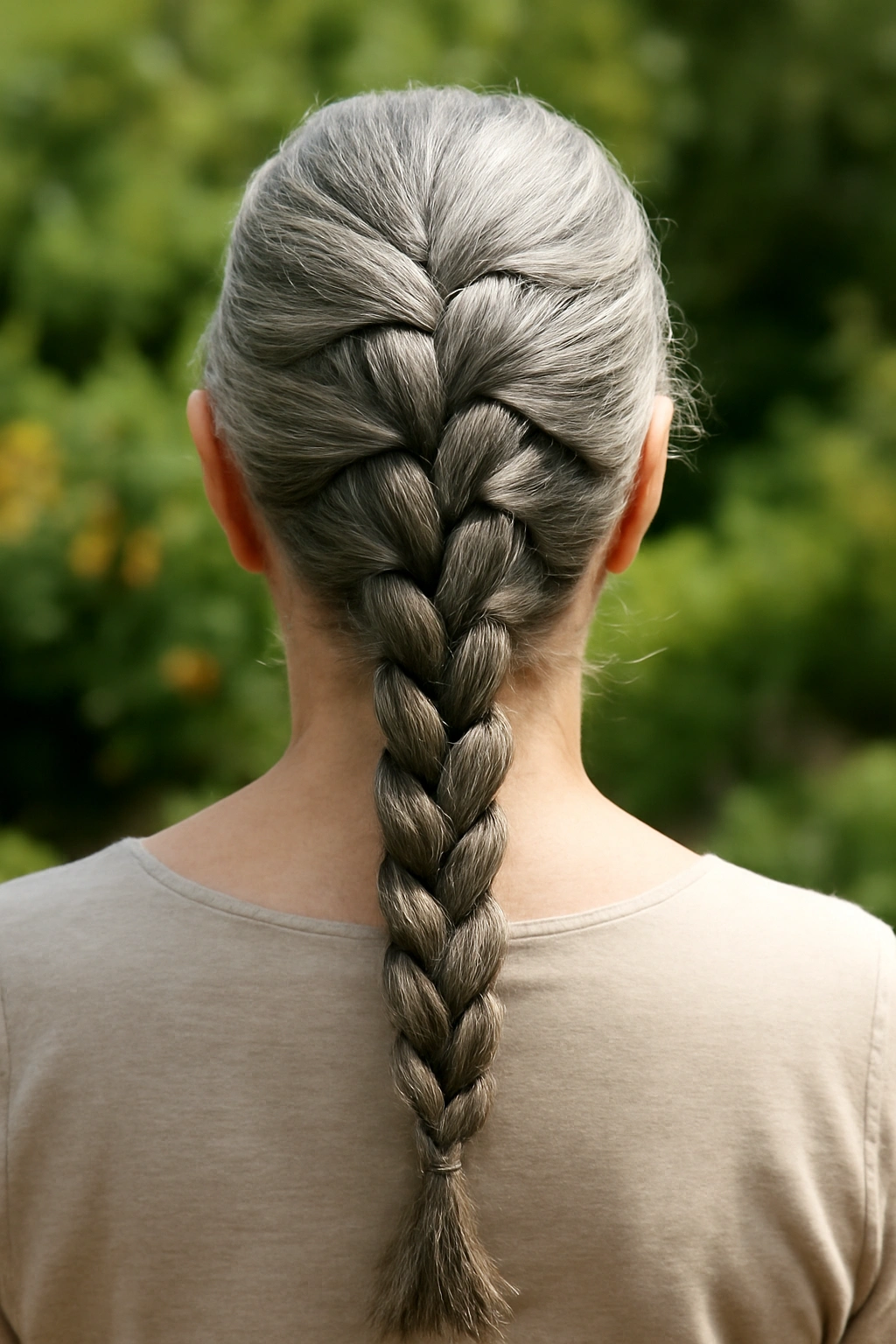 Close-up rear view of a classic French braid on a woman over 70 with salt and pepper hair.