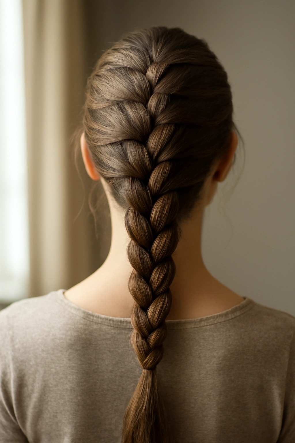 Classic French braid hairstyle showing the intricate weaving from the crown down the back