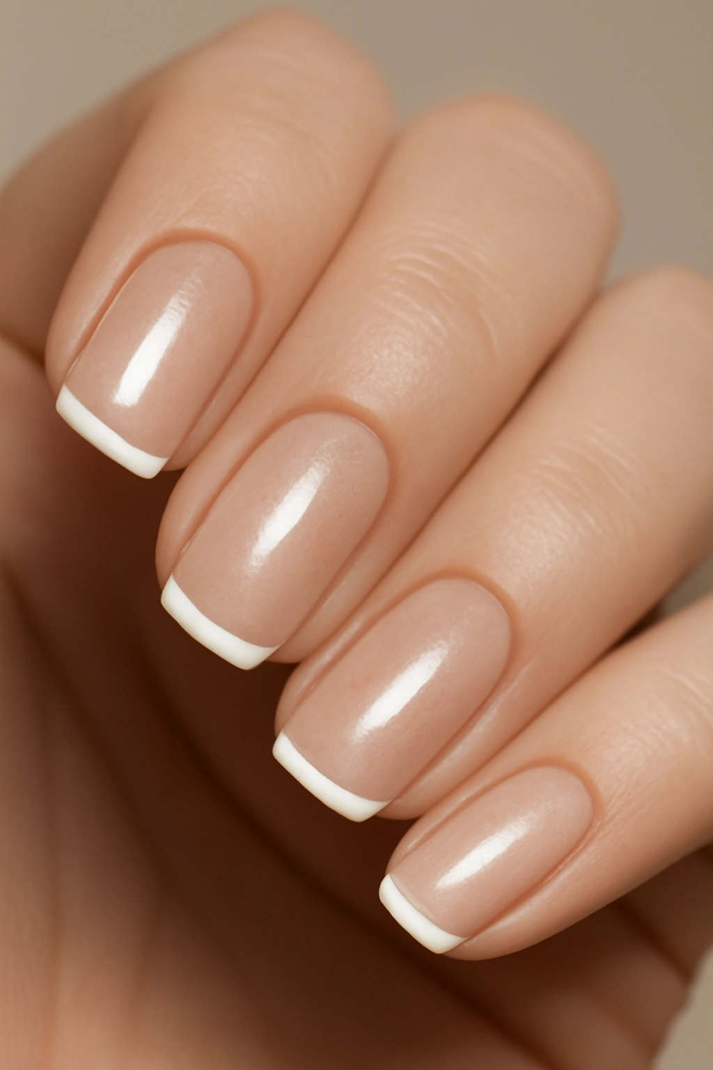Modern French manicure with sheer base and thin white tips