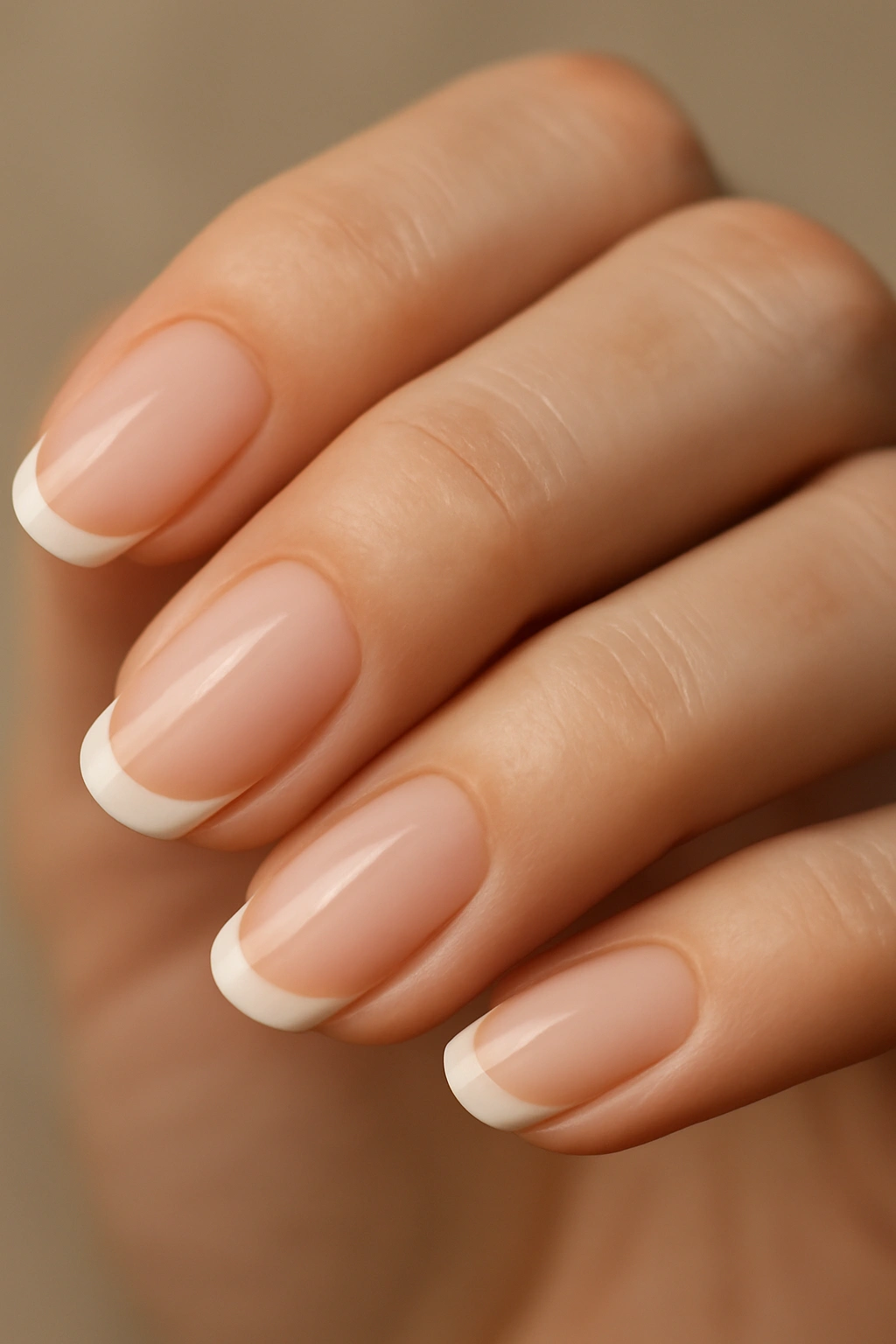 Close-up of a hand showing modern twist French manicure with sheer pink base and off-white tips.