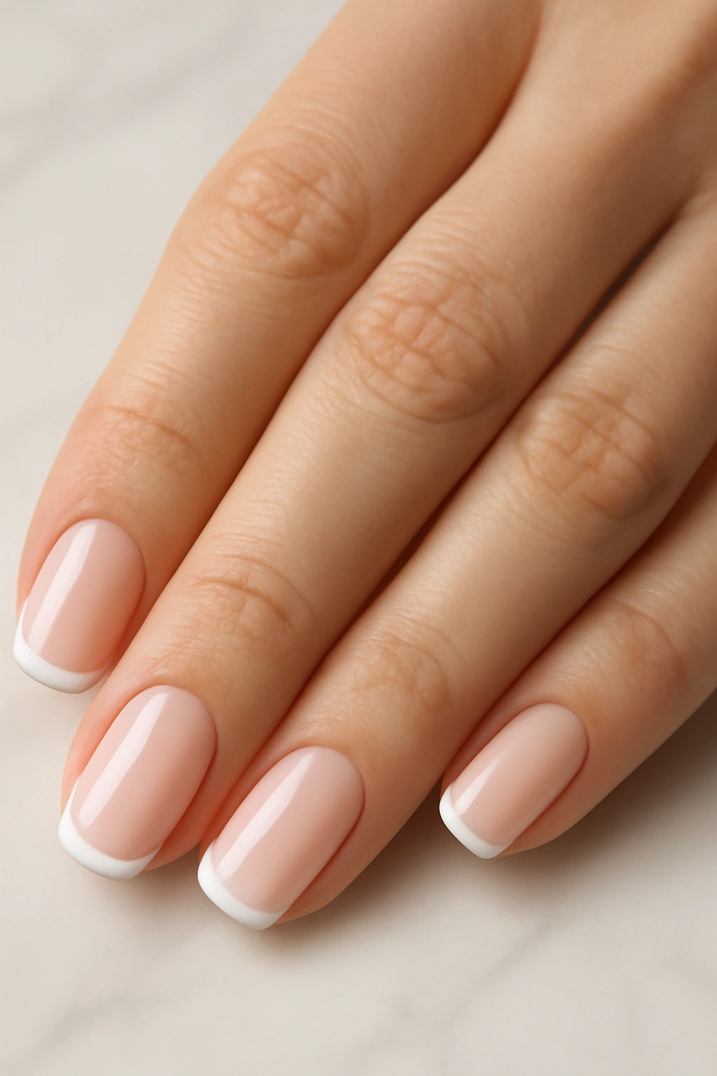 Modern French manicure with thin white tips and milky pink base