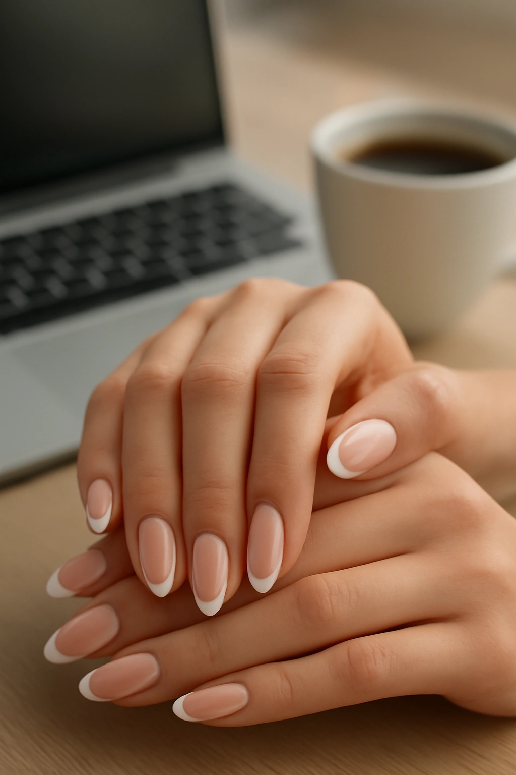 Close-up of a classic French manicure with nude base and white tips on almond nails.