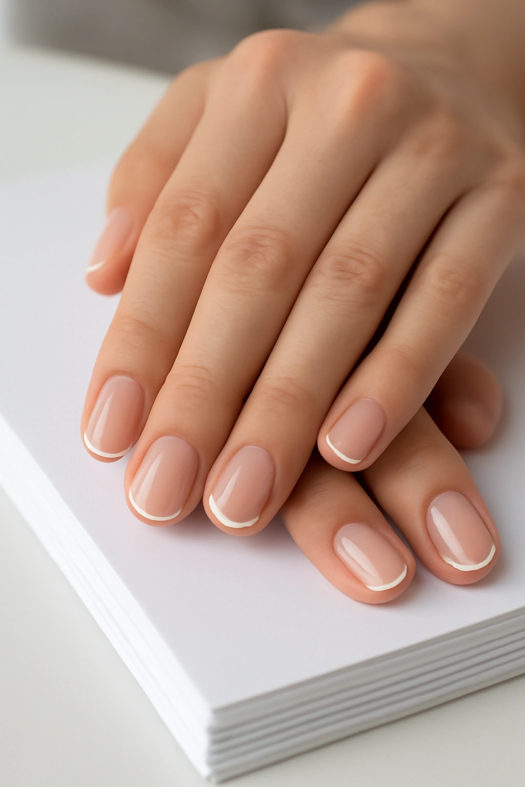 Modern French manicure with thin white tips and a nude base on short teacher nails.