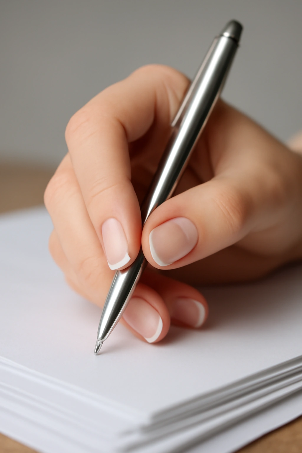 Classic French manicure with thin white tips on short professional nails