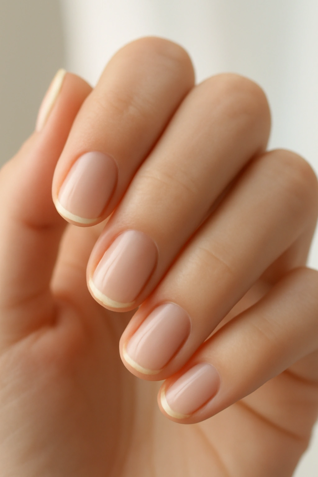 Modern micro French manicure with thin white tips on short pink nails
