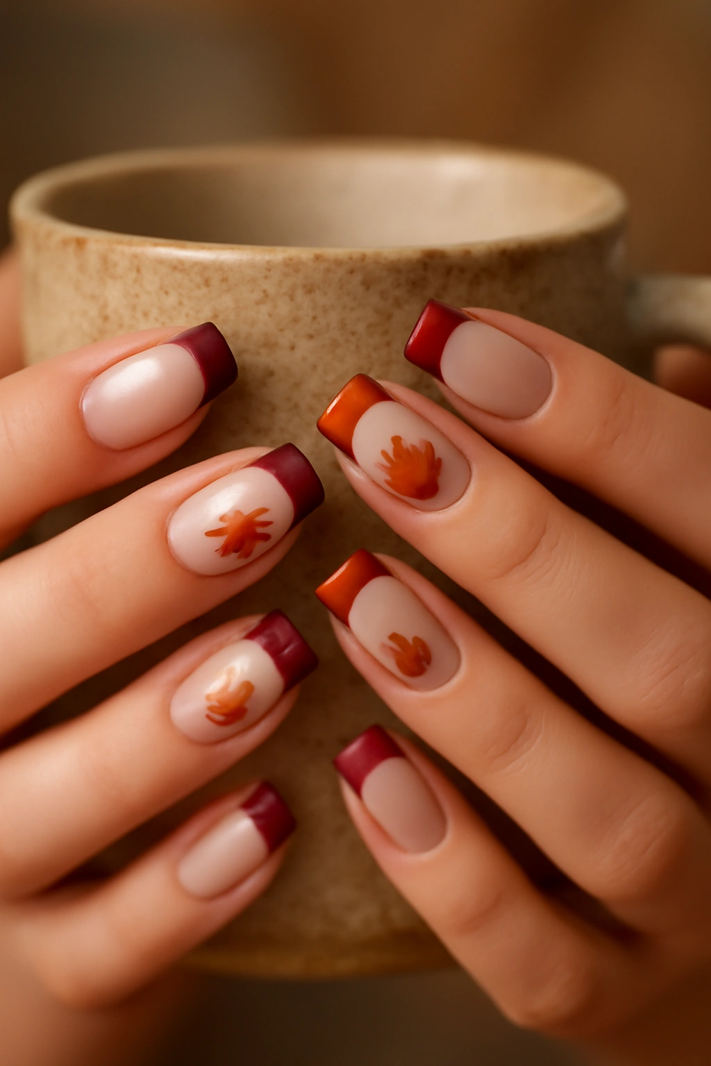 Chic French tip nails in fall colors of orange and burgundy with leaf accents