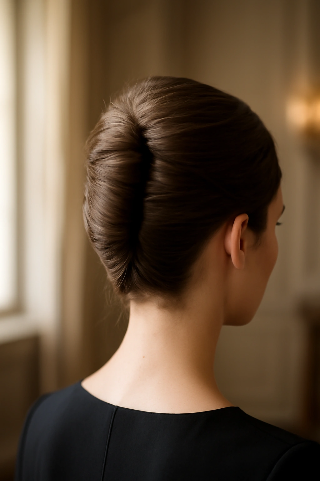 Sophisticated French twist bun hairstyle showing the elegant vertical coil and tucked ends