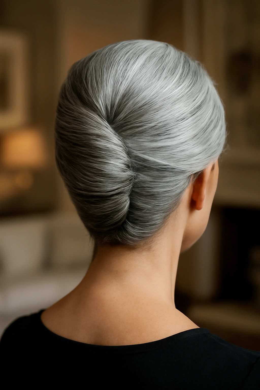 Elegant silver hair styled in a classic French twist updo