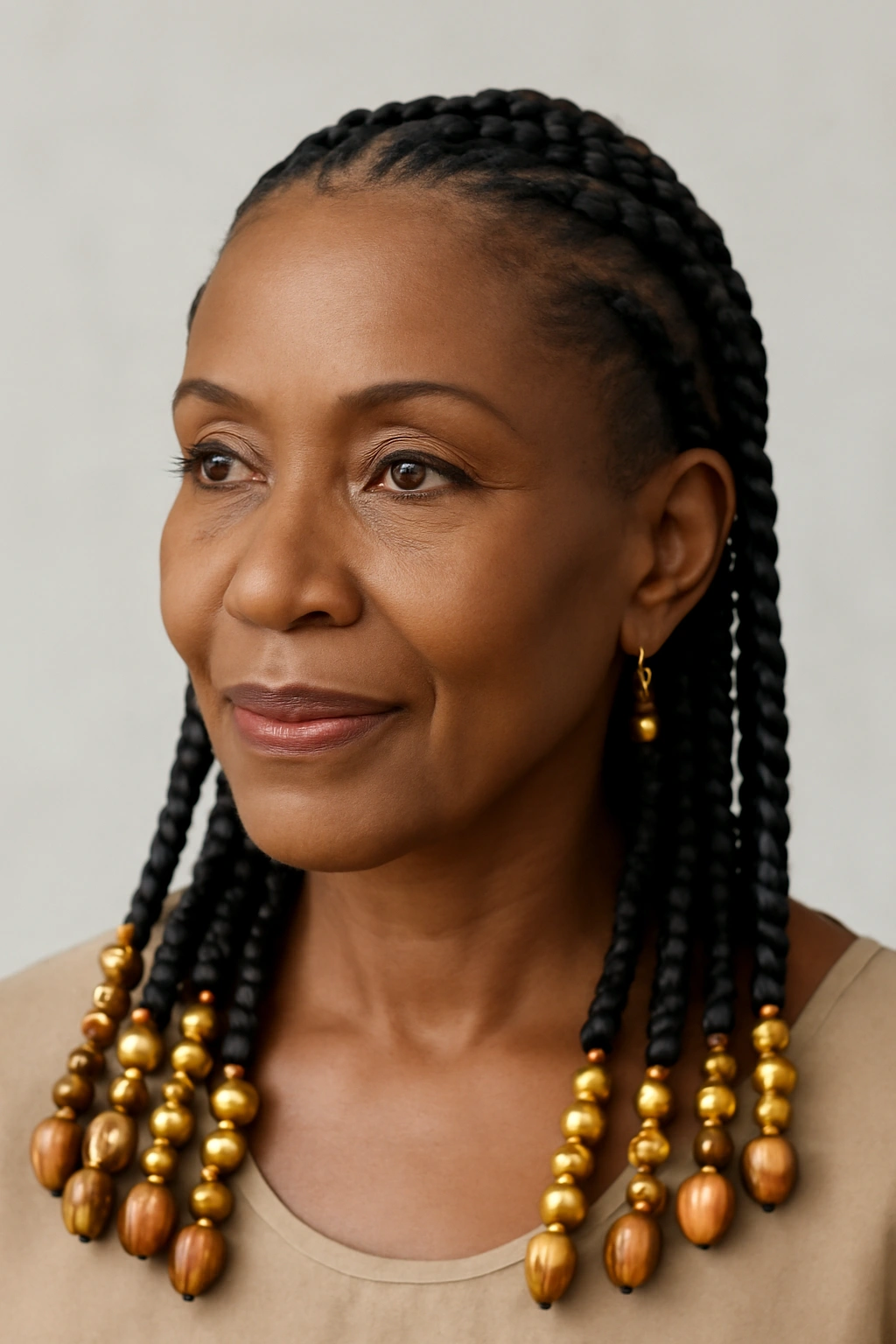 Fulani braids with wooden and gold beads on a regal black woman over 50