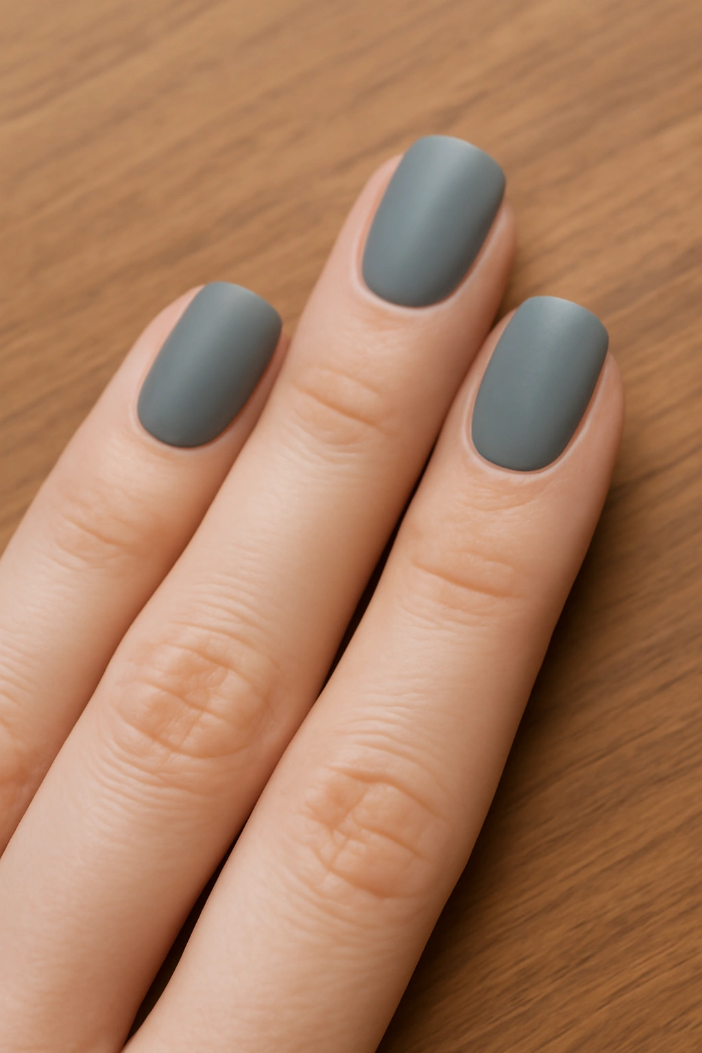 Matte grey nails with a simple white geometric triangle accent
