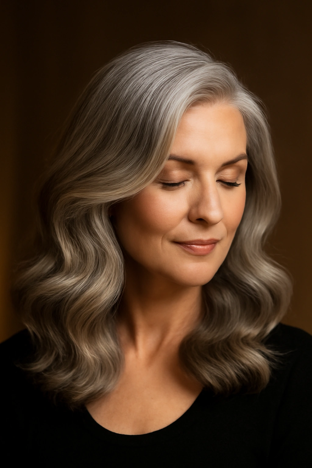 Elegant gray hair styled with soft waves and a dramatic deep side part for a glamorous look