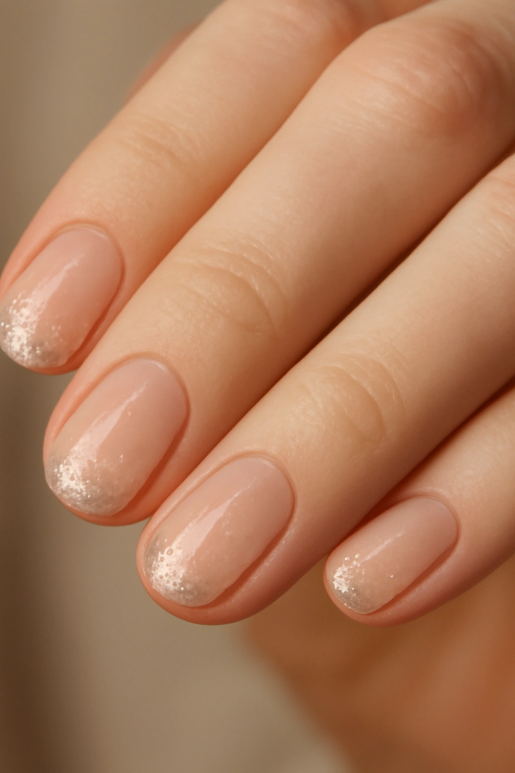 Short nude nails featuring a delicate dusting of fine silver glitter at the tips.