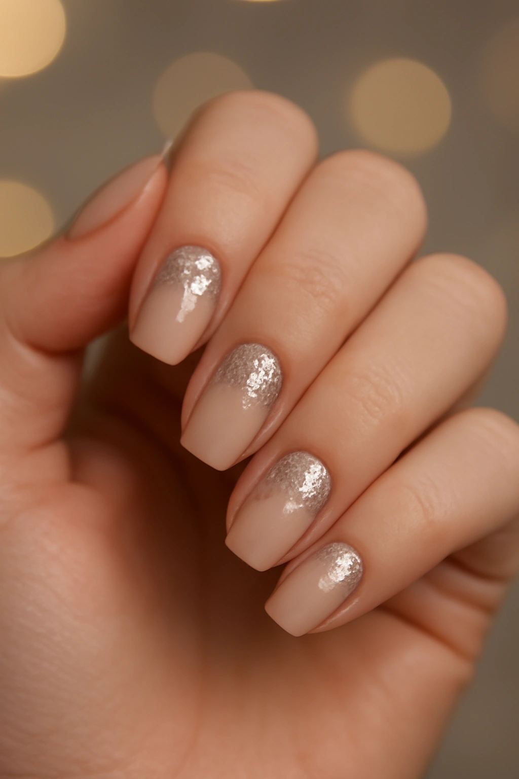 Detailed view of silver glitter accents at the cuticle of nude colored nails
