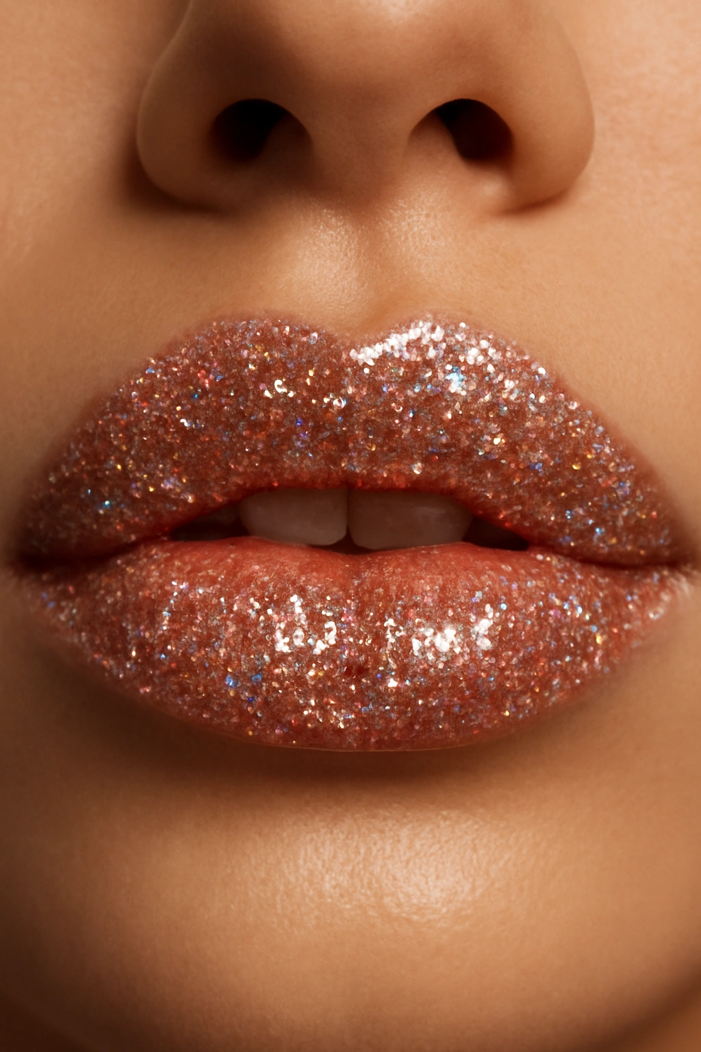 Close-up of lips with glitter gloss and sparkling flecks