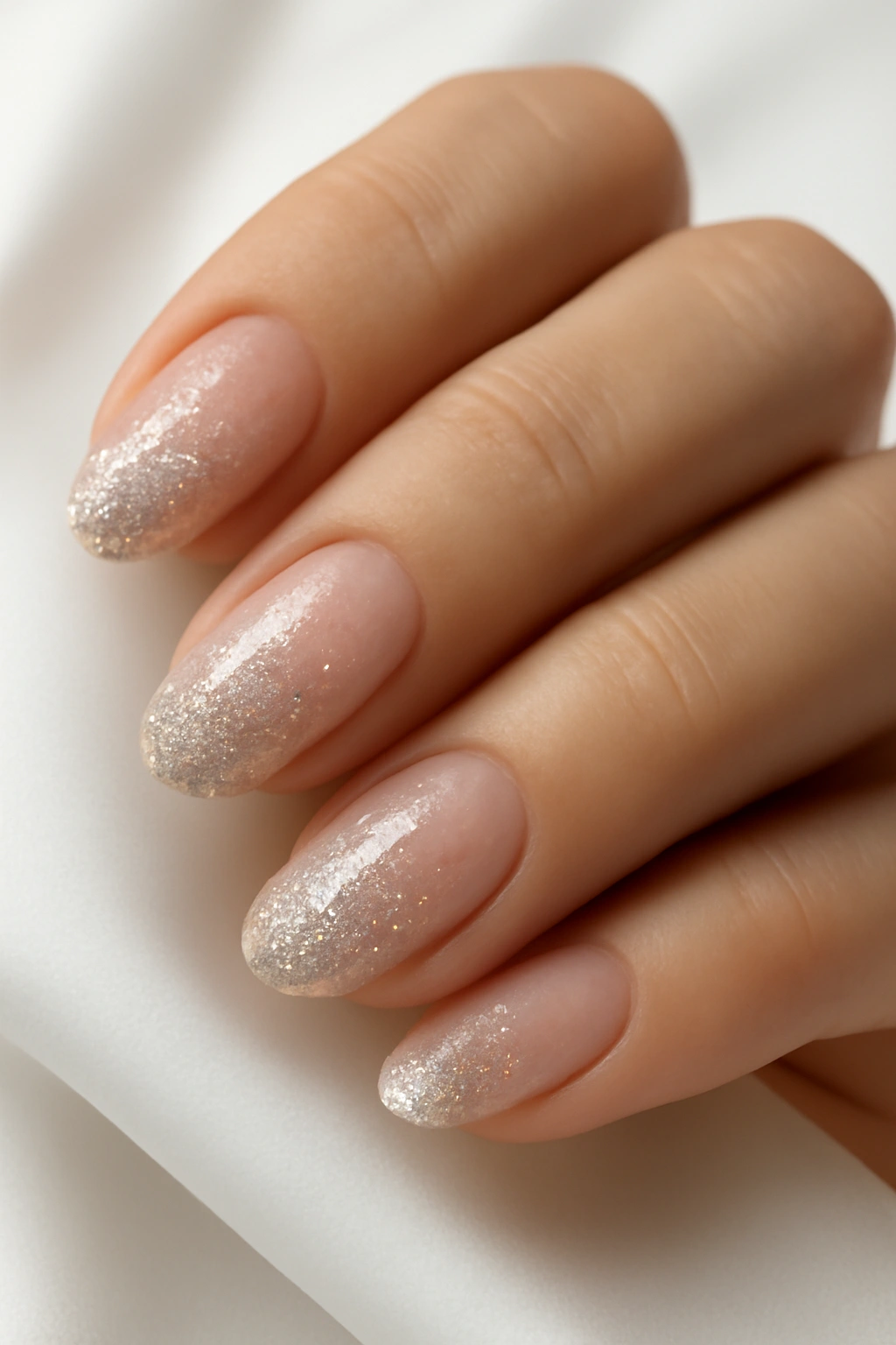 Manicure with silver holographic glitter gradient fading into a sheer nude base.
