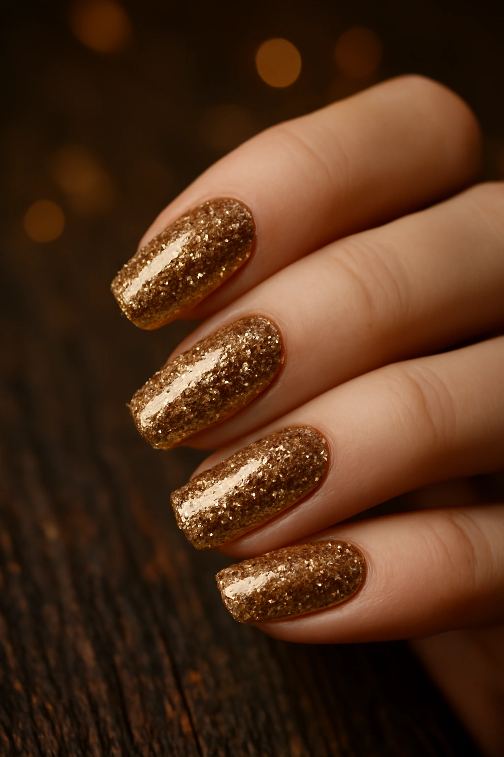 Close-up of sparkling gold and bronze glitter nails for a festive holiday look.