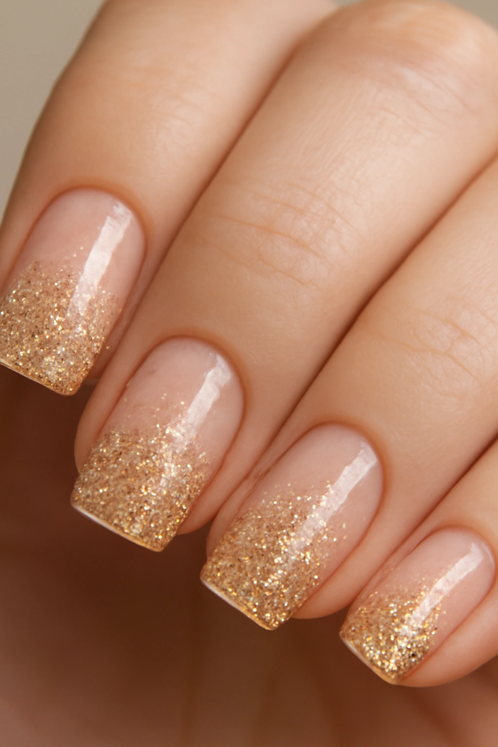 Close-up of glitter gradient nails with shimmering tips