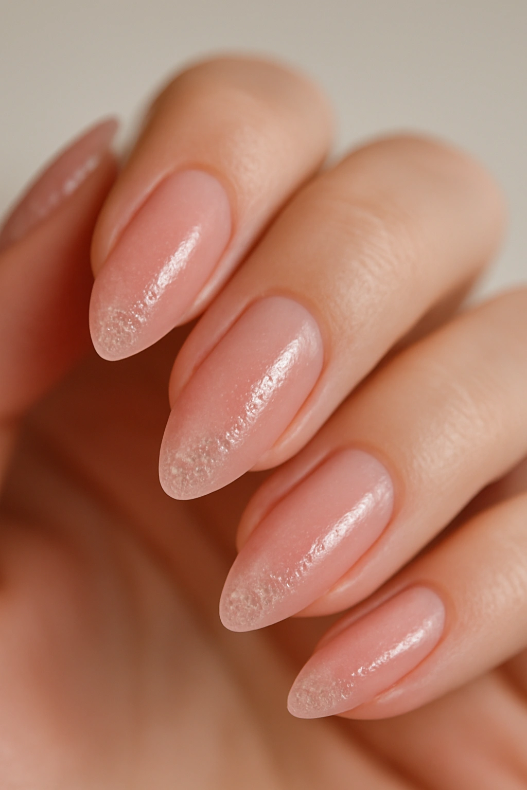 Almond nails with clear pink base and iridescent glitter