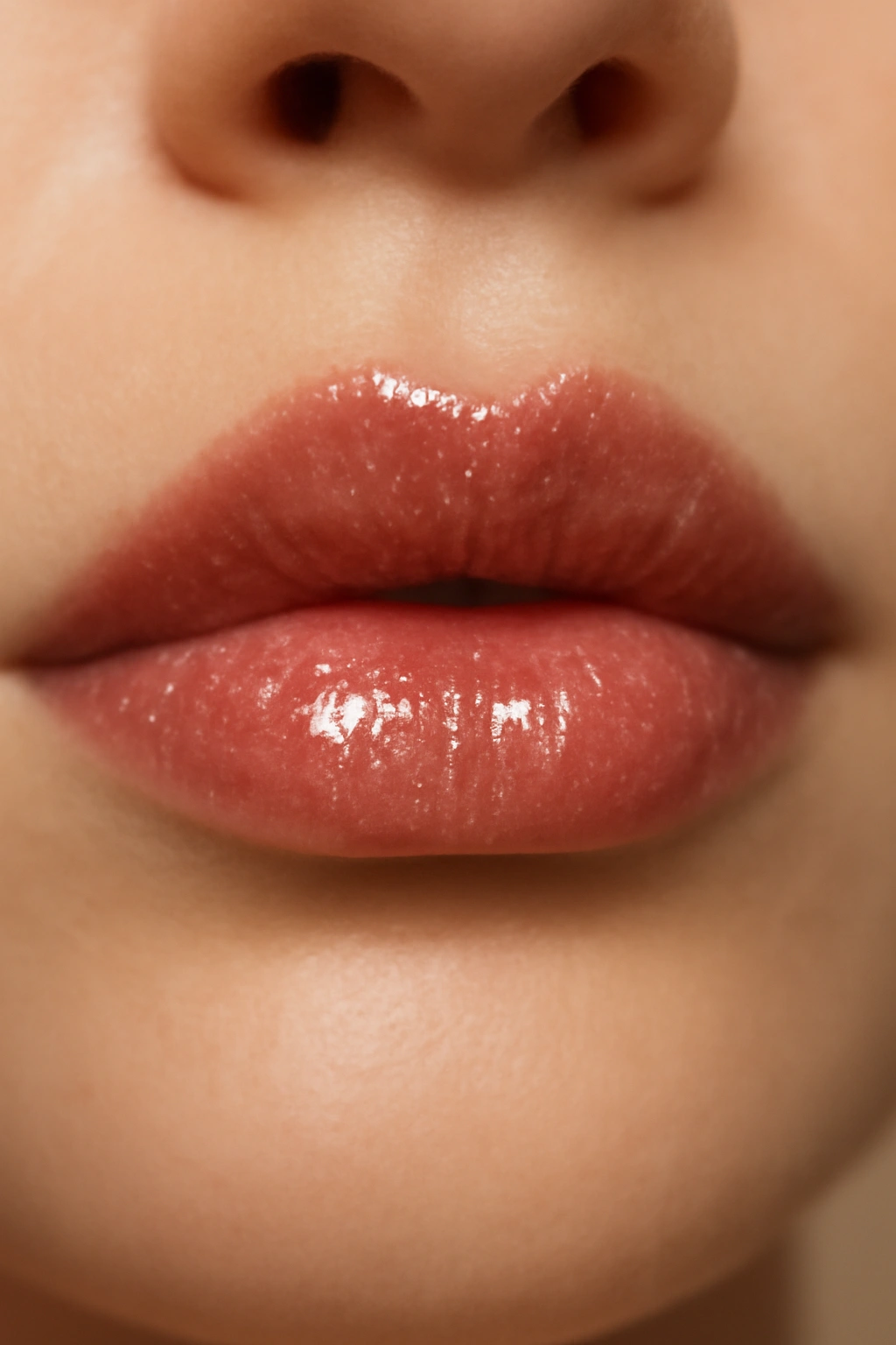 Close-up of glossy lips catching light, highlighting fullness and hydration.