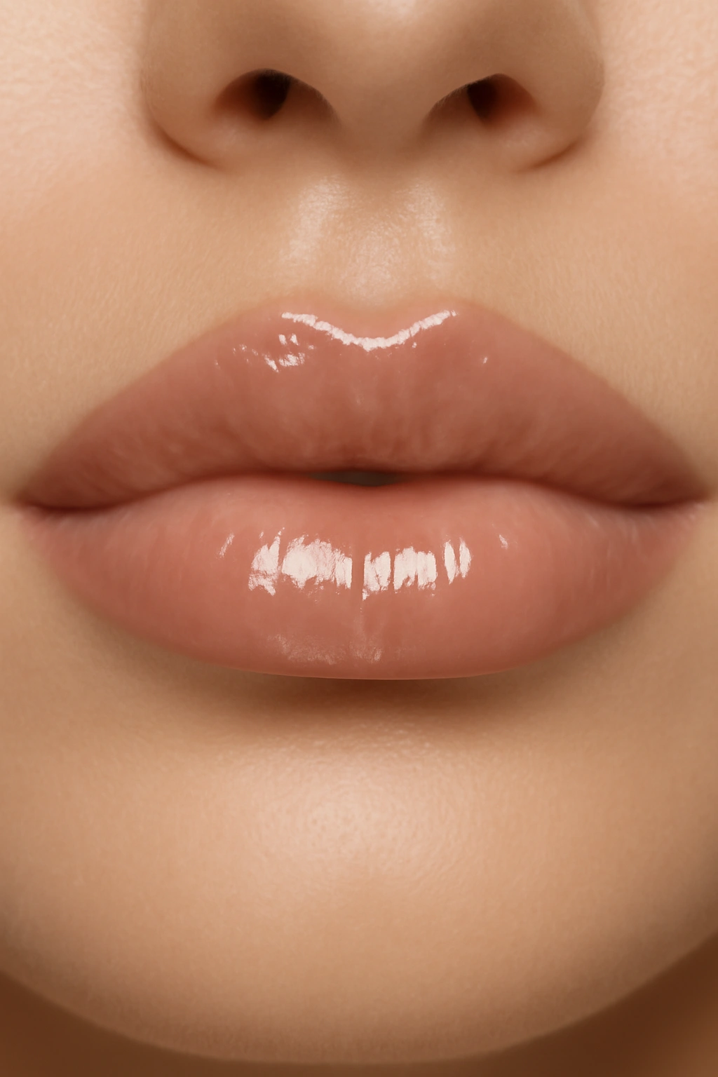 Shiny glossy nude lips on a bride for a polished and modern wedding makeup look.