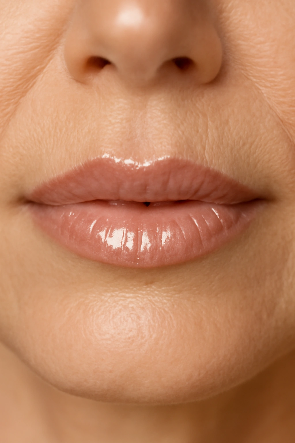 Glossy nude lip look with high-shine finish for a radiant mother of the groom look.