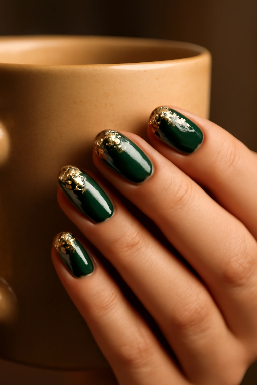 Deep green nails with elegant harvest gold leaf accents and metallic details.