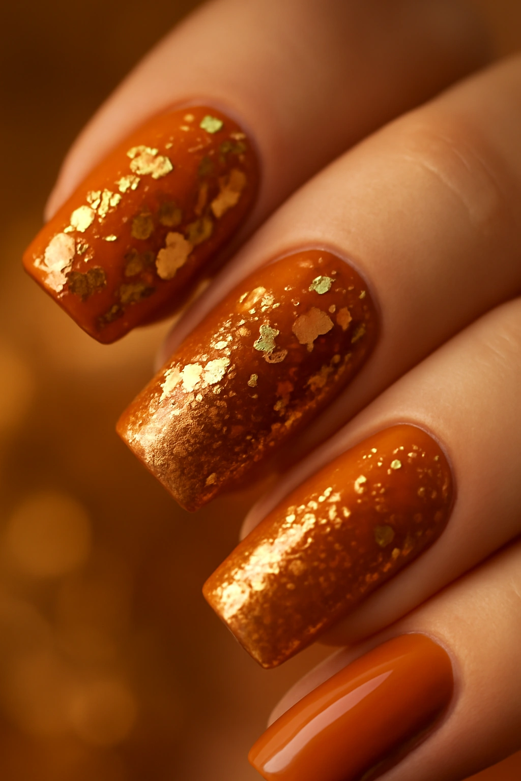 Burnt orange nails featuring luxury gold foil flakes and glitter ombre finish