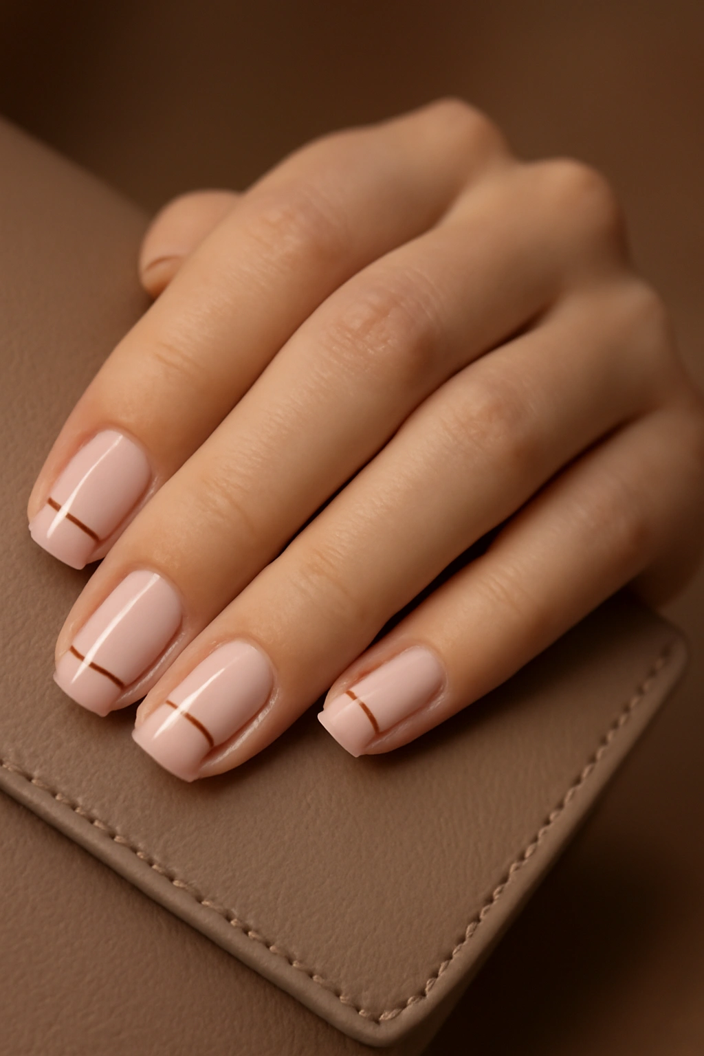 Pale pink nails with a thin horizontal gold metallic stripe